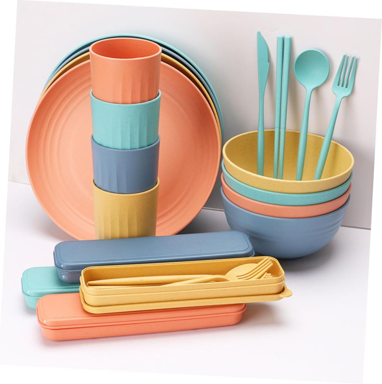 4sets Wheat Straw Cutlery Delicate Tableware Set Microwave Safe Bowls Plates Cups Spoons Forks for Camping Picnics and Everyday Use