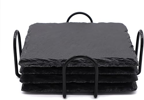 Miniatura 9 de Juego de 24 posavasos cuadrados de pizarra para bebidas, 4 pulgadas, grabado láser, posavasos de piedra de pizarra negra con parte inferior