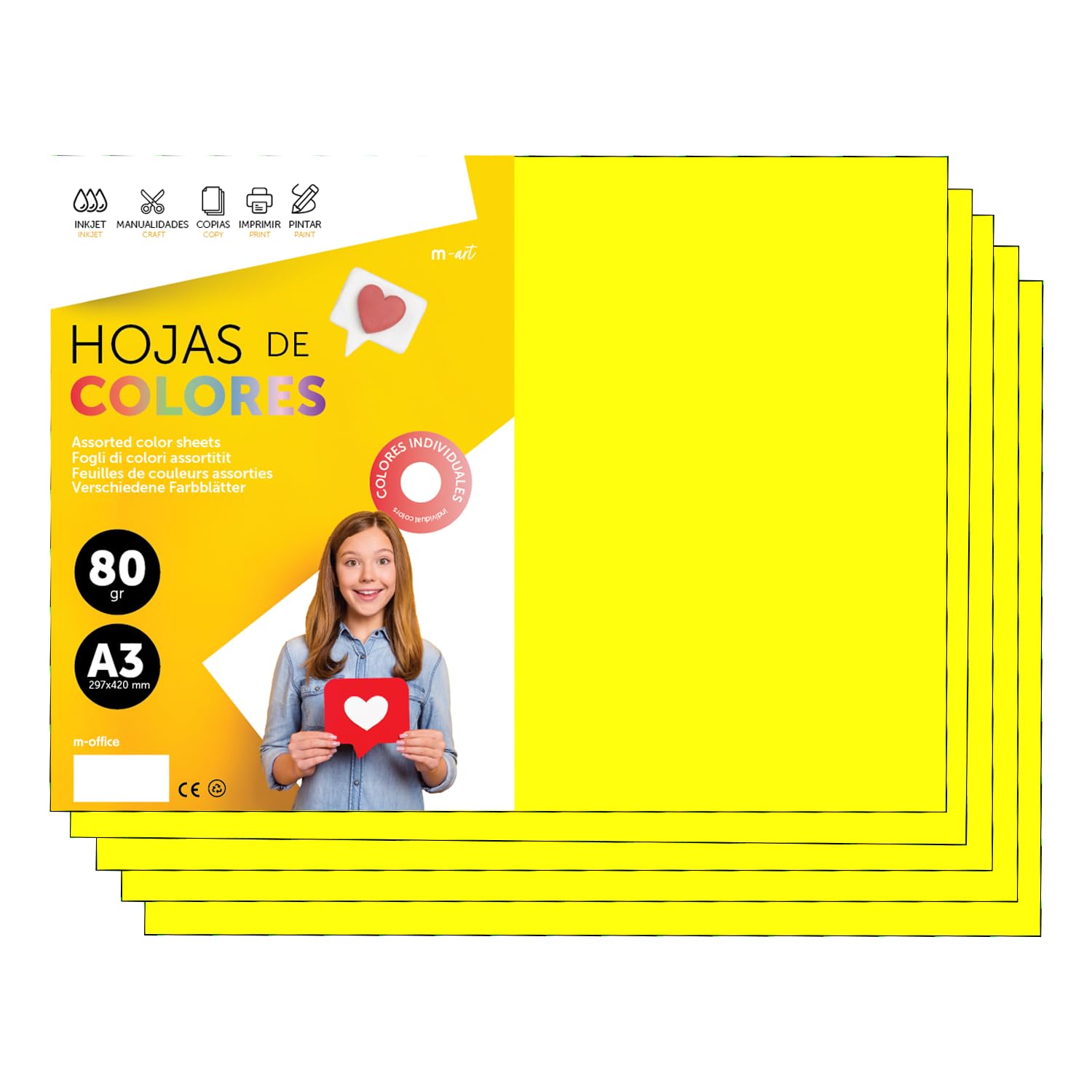 m-Office A3 80 g Coloured Paper for Printers and Crafts, Assorted Paper for Children, Pack of Colours for Cards, School and Creative Projects · m-Office (500h, Fluorescent Yellow)