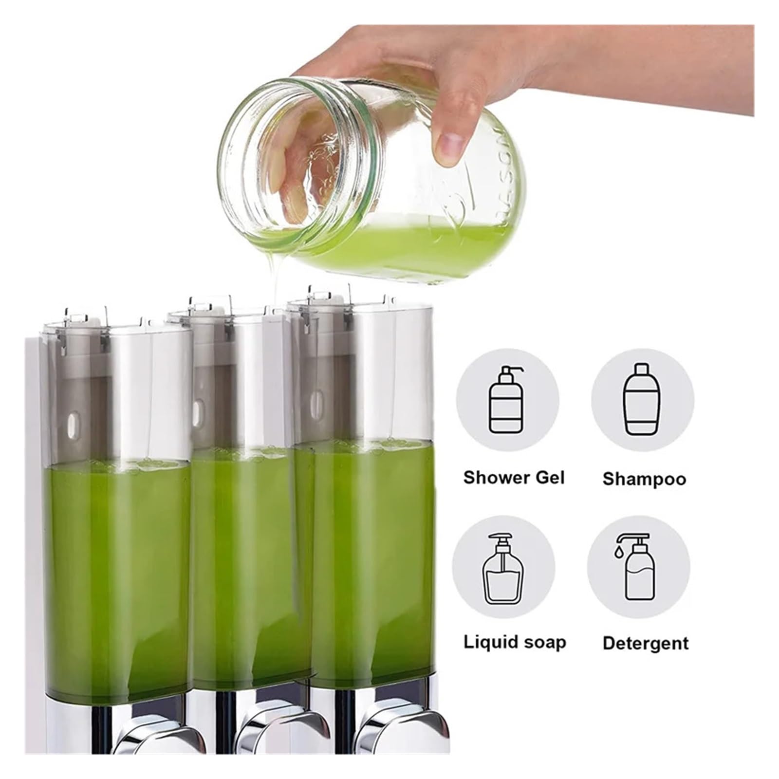 Dispensador de jabón de pared para baño, 300 ml, dispensador de champú de ducha de triple cabezal, instalación sin taladro, accesorios de baño plateados