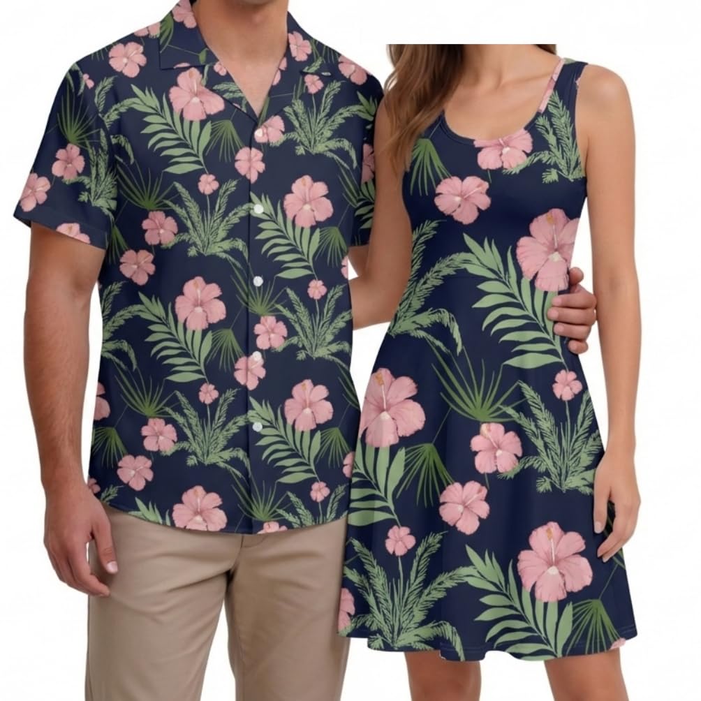 Hawaii Matching Couple Outfits Husband and Wife Clothing Fashionable Mens Casual Shirts Hawaii Dress with Soft Fabric