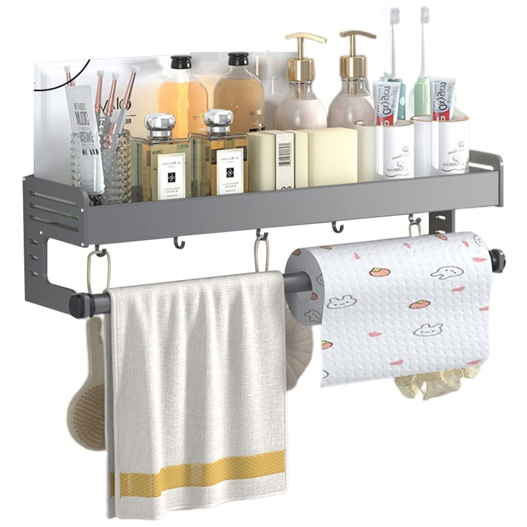 Bathroom Shelf Storage Organizer Shower Caddy Basket with Hooks Towel Rack for Toiletries Cosmetics Punch-Free Rustproof Aluminum Alloy