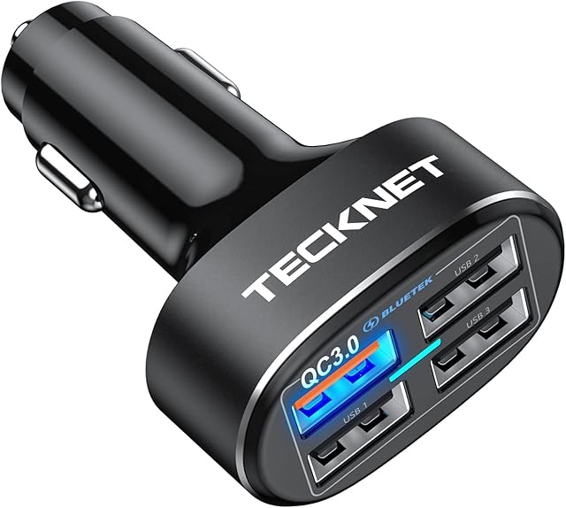 TECKNET Car Charger Adapter, 54W QC 3.0 4-Port USB Car Phone Charger Fast Charging with Blue Led Cigarette Lighter USB Charger Compatible with iPhone/Samsung/Google Pixel