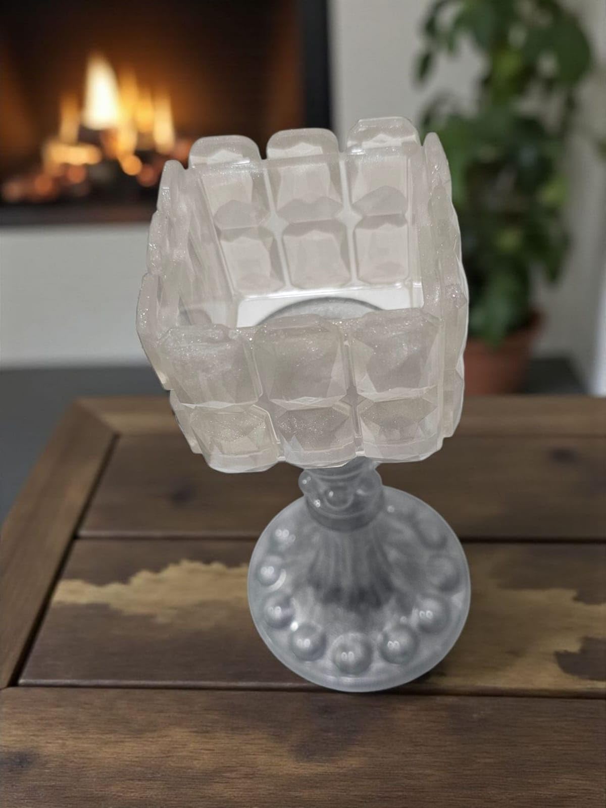 Inventive Art Creation Resin Pillar Candle Holder, 19.5 cm Tall, Frosted Clear Crystal Design, Tabletop Decorative 1
