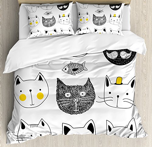 Ambesonne Cat Duvet Cover Set, Cats Moustache Bow Tie Hat Crown Fluffy and Fish Humor Faces Graphic, Decorative 3 Piece Bedding Set with 2 Pillow Shams, Queen Size, Yellow Blue