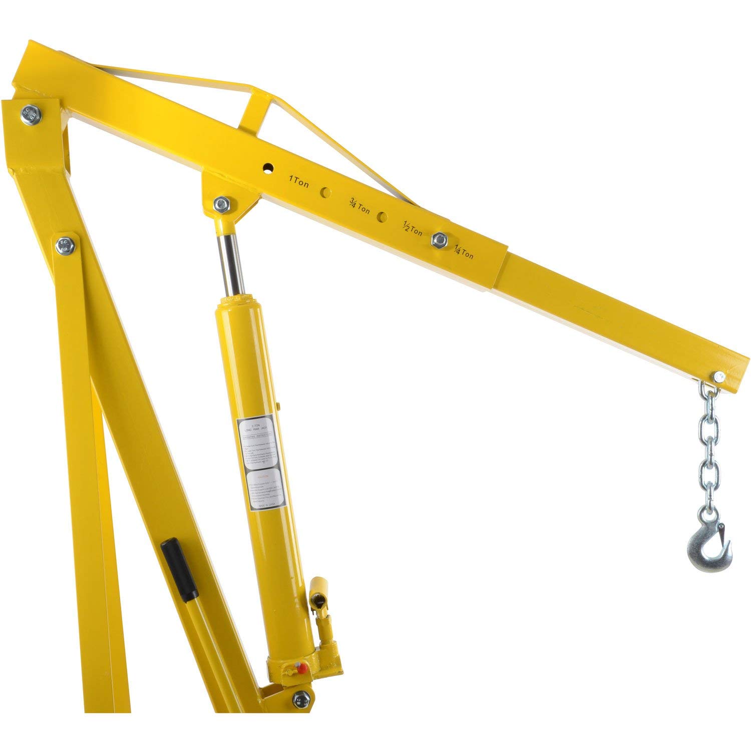 JEGS 1-Ton Automotive Shop Crane | Up to 2,000 LBS Capacity | 34” to 45” Working Boom Range | Lifting Range 0” - 82.75” | Folds for Storage | Uses 6 Caster Wheels | Steel with Yellow Finish
