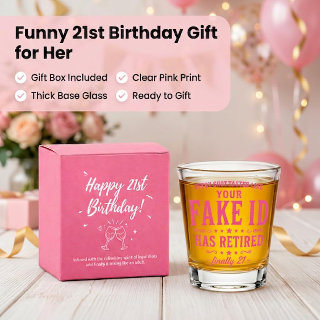 Kimoli 21st Birthday Gifts for Women, Pink Finally 21 Shot Glass with Gift Box, Funny Retired ID Design, 21st Birthday Decorations Party Favors for Daughter Sister Friend