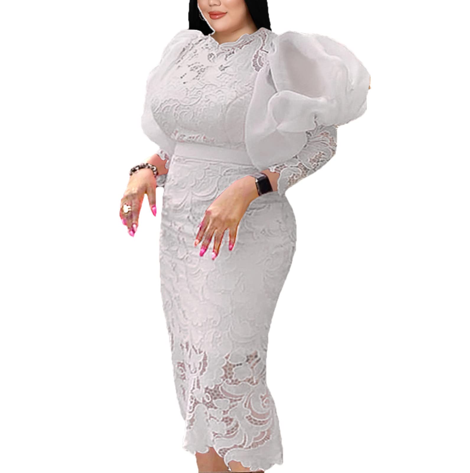 Abito da Donna in Pizzo Bianco Aderente Plus Size Abito a Tubino con Giunzione Solida a Maniche Lunghe per Cocktail Party di Matrimonio