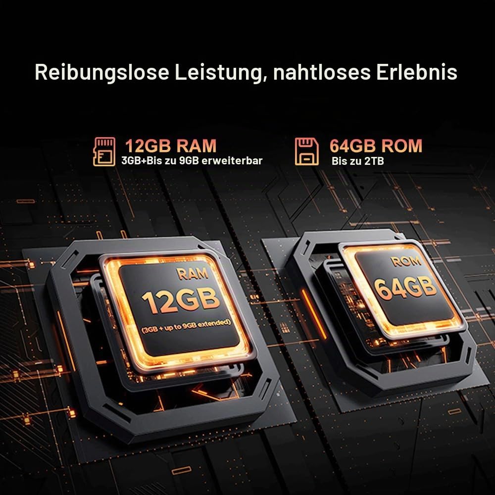Android 16 Outdoor Handy Ohne Vertrag 2026, 13000mAh Baustellenhandy, 6.6'' HD+ 90Hz, 12GB+64GB/2TB Outdoor Smartphone, 13MP AI Kamera, 4G LTE/Dual SIM/IP68/IP69K/NFC/OTG/FM/3 Slot, Schwarz