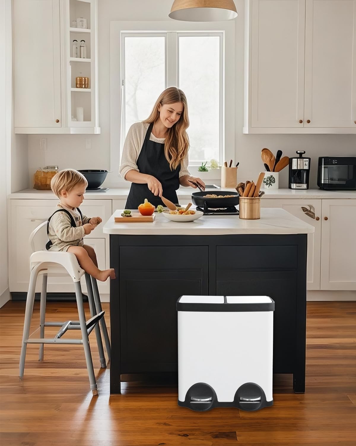 Mülleimer 2 fächer 40L, Mülltrennsystem, Mülleimer 2x20L, Weiß | Mülleimer Küche, 40L Doppel Treteimer Mülltrennung, Abfalleimer Mit Deckel, Inneneimern, Für Recyclingmaterialien Und Abfall