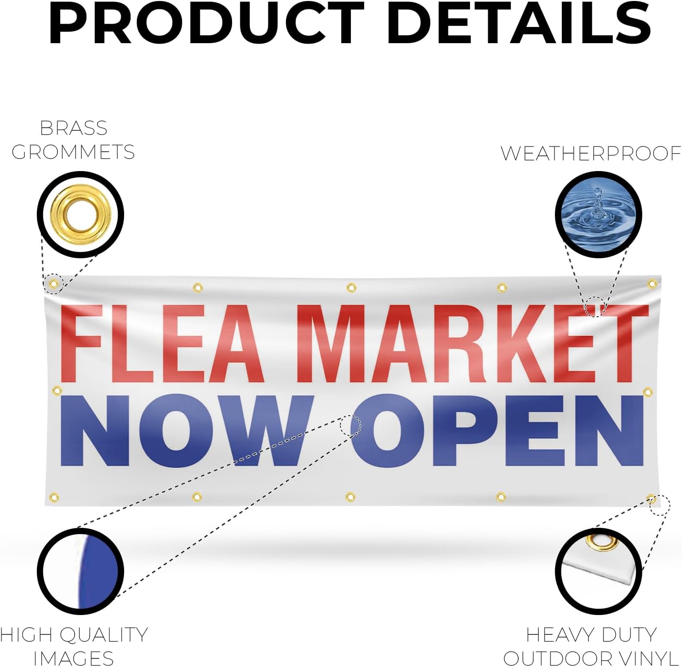 Flea Market Now Open Banner Sign 48 Inch x 96 Inch | 13 oz Vinyl with Metal Grommets | Heavy-Duty Single-Sided Outdoor Durable Printed High-Quality Weatherproof | Made in the USA