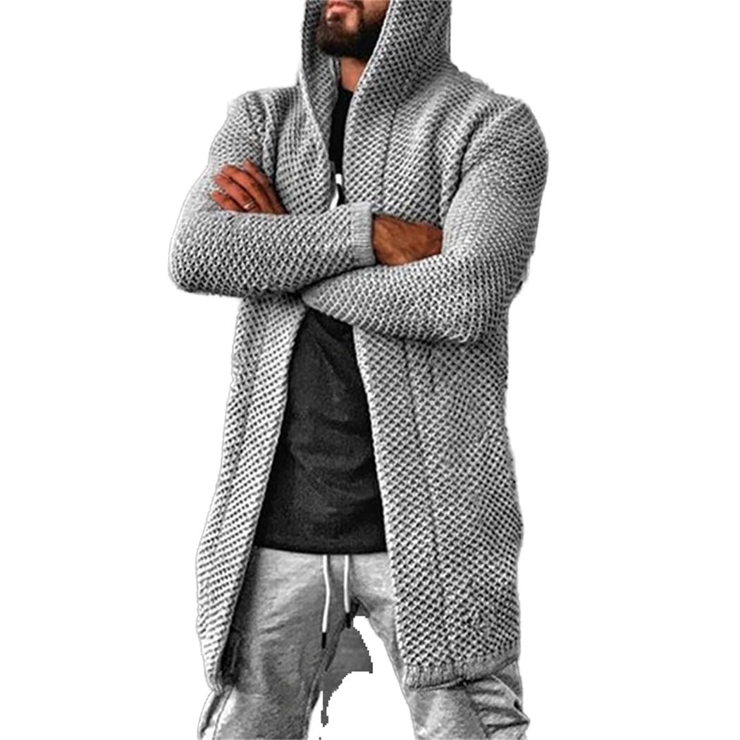 Wekumgy Mens Long Cardigan Sweater Casual Hood Open Front Long Sleeve Knit Slim Fit Fashion Sweater Hoodies Grey