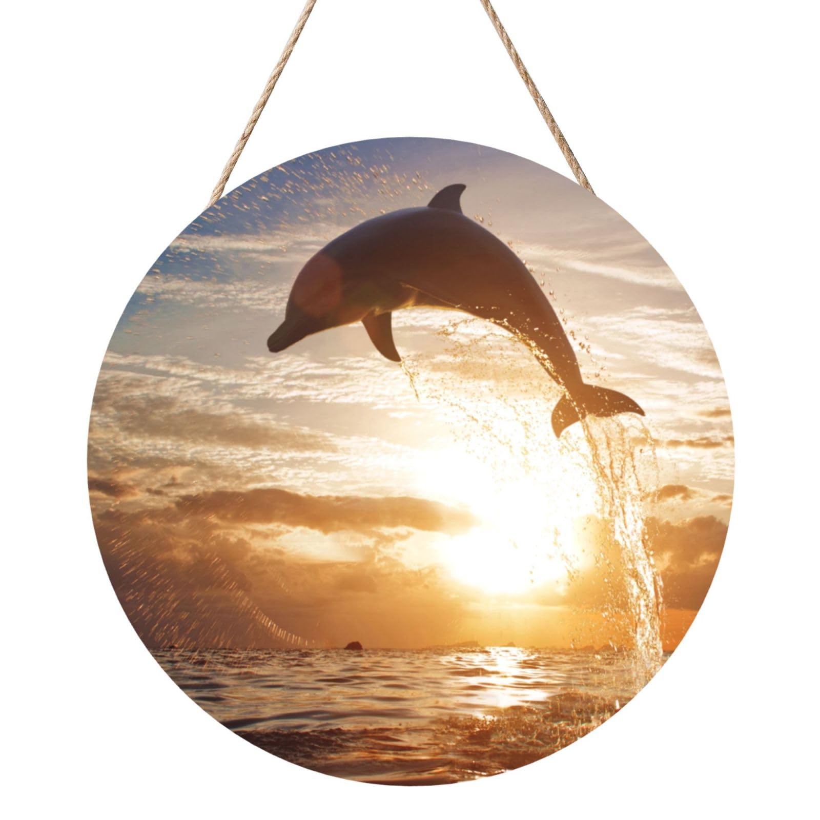 InOmak Dolphin Jumping From Shining Water, Round Wood Panel Painting 12 in, Wall Hanging Painting For Home