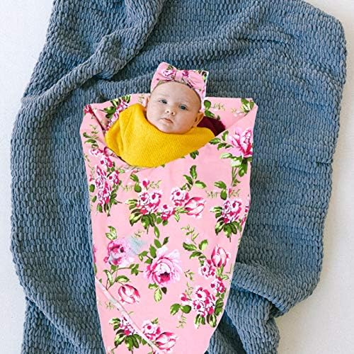TOYANDONA 2Pcs Newborn Swaddle Blanket with Headband Cotton Floral Baby Receiving Blanket Muslin Swaddle Wrap Sack Bow Headband Set for Infant Baby Girl Boy (Pink)