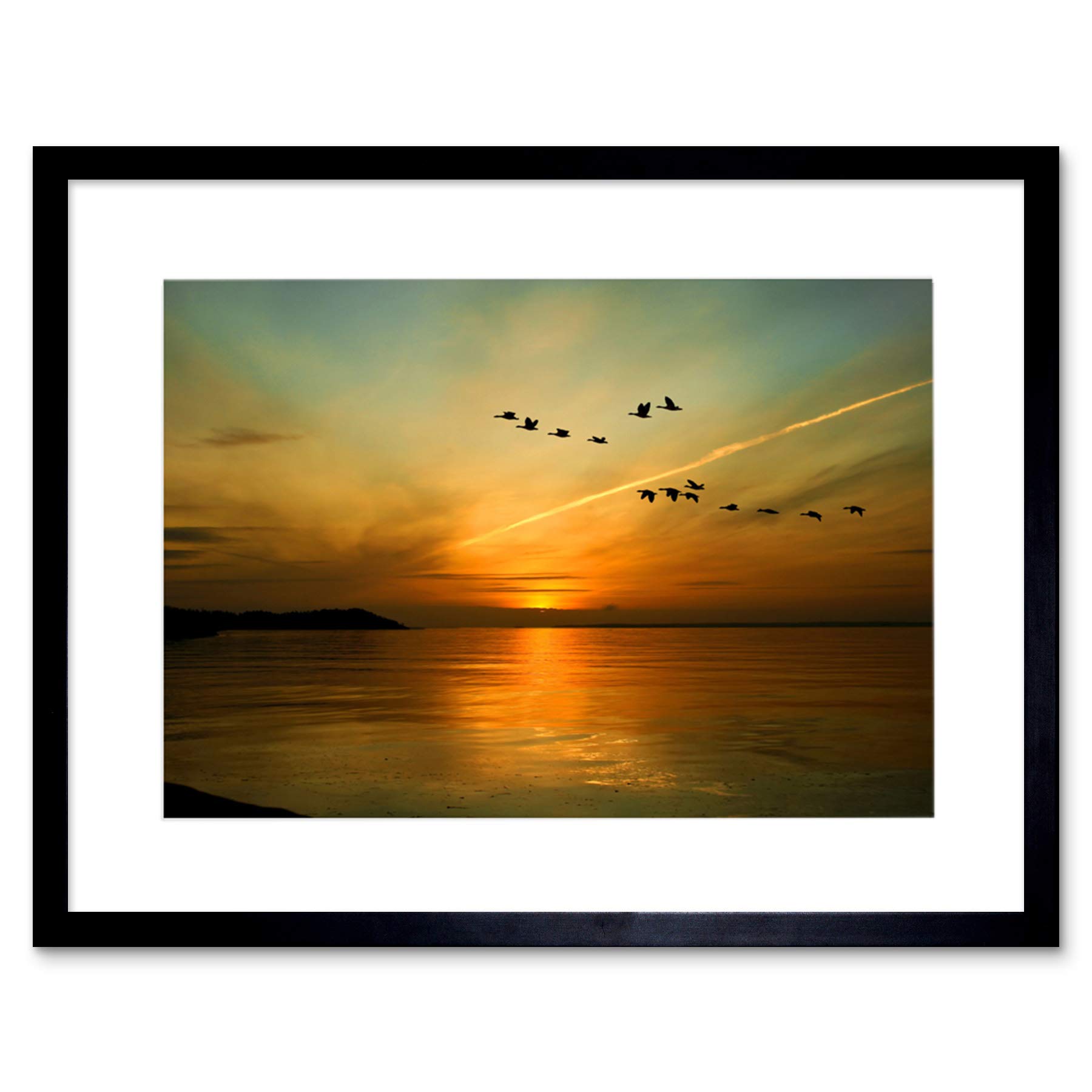 Wee Blue Coo Geese Bird Formation Sunset Lake Art Picture Framed Wall Art Print