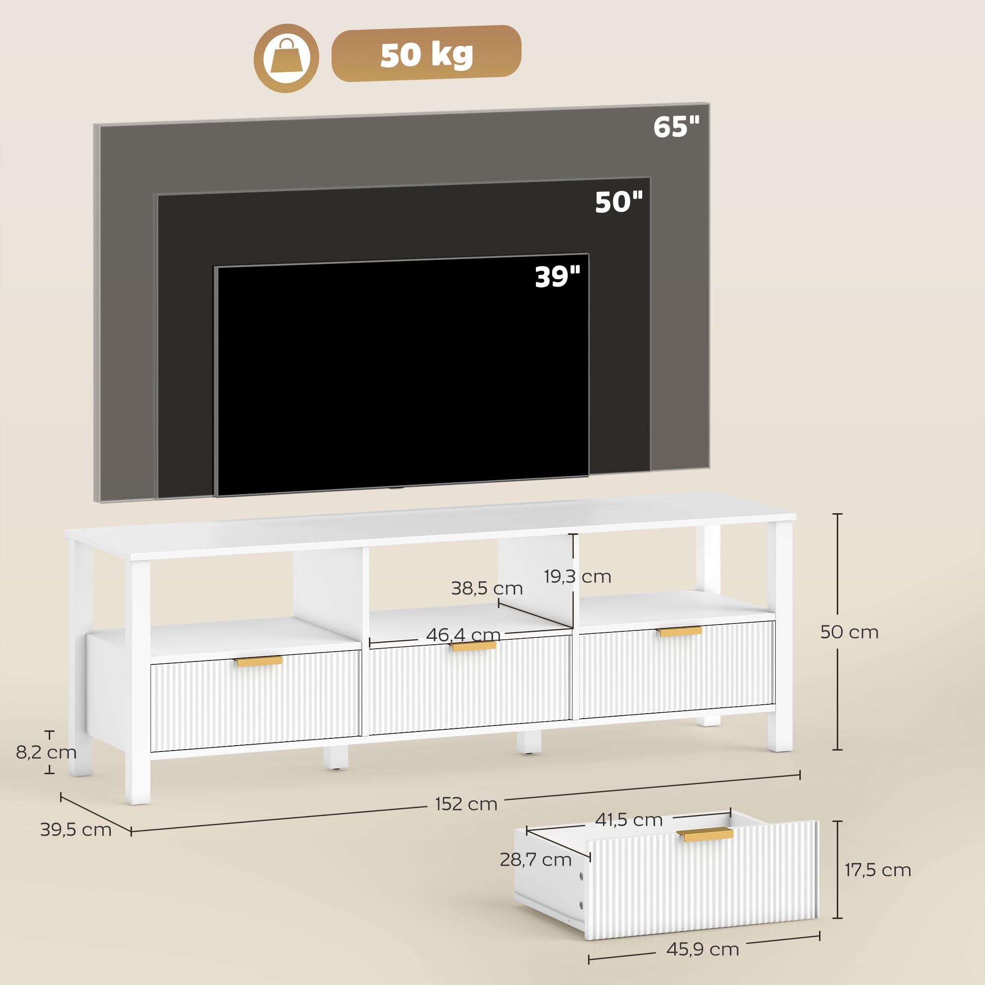 HOMCOM Meuble TV 152 cm, Meuble télé pour téléviseur jusqu'à 65 Pouces avec 3 tiroirs cannelés et 3 étagères Ouvertes, Banc TV Moderne pour Salon, Chambre à Coucher, Blanc