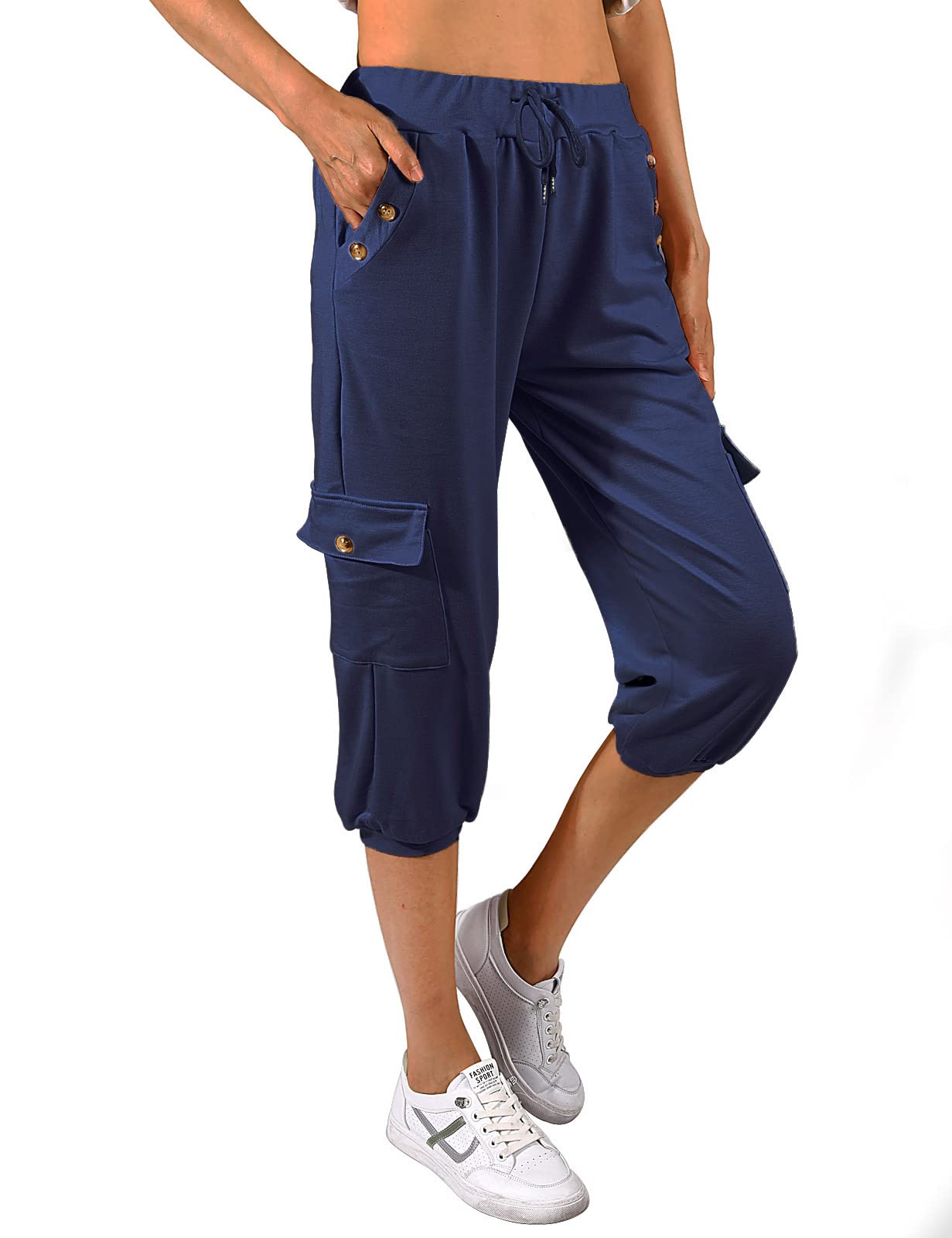 heekpek Pantalon Pirata Mujer Verano Pantalon Chandal 3/4 Mujer Casual Holgado Pantalones Capri 3/4 Pantalon Deporte con Botón Bolsillos y Cordón Cintura Elástica