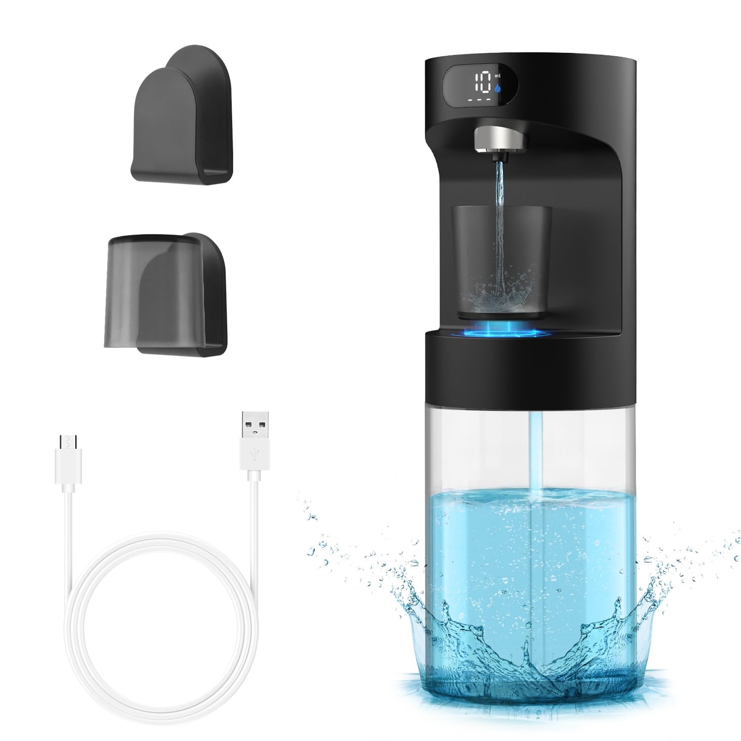 Dalugo Dispensador automático para enjuague bucal, 600 ml, fijación a la pared, 2 vasos magnéticos, negro, eléctrico, para niños y adultos, baño