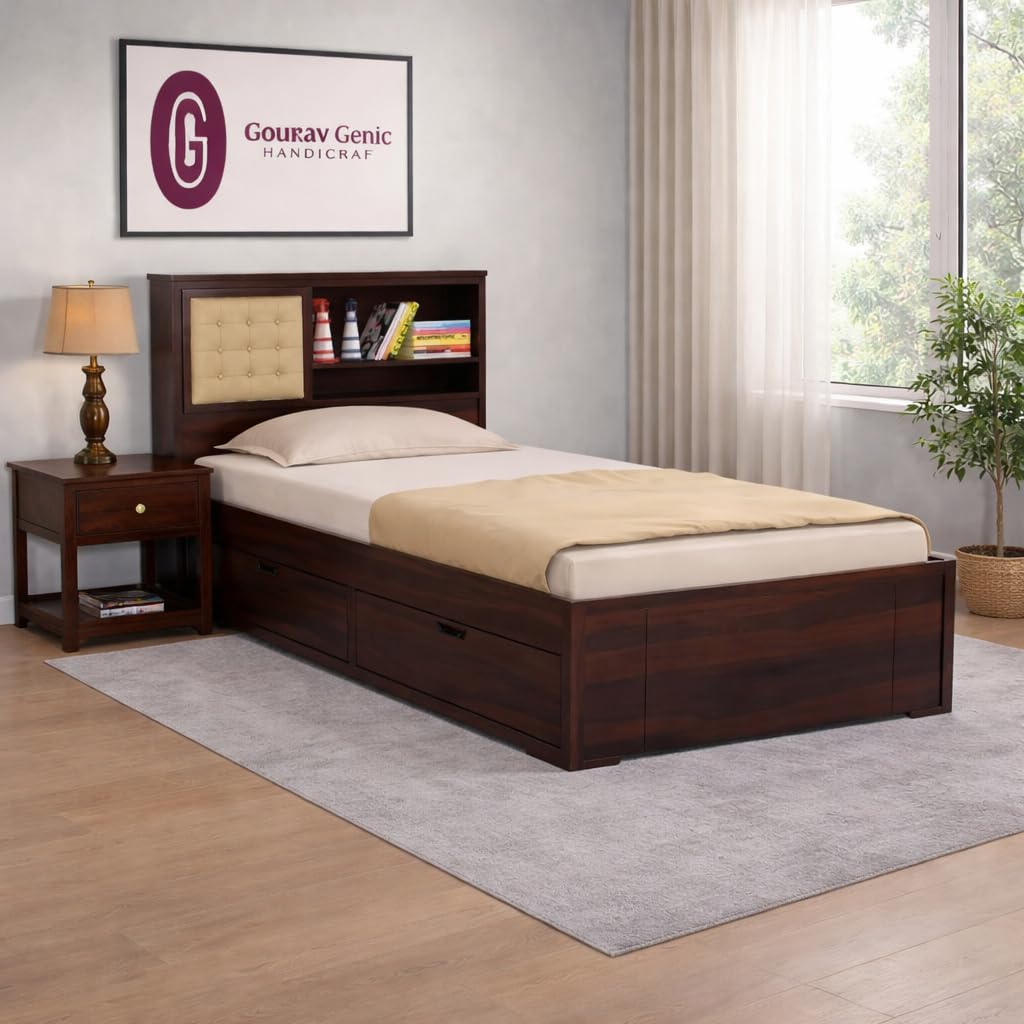 Gourav Wood Mart Solid Sheesham Wood Single Size Bed with Drawer Storage | Single Size Cot Bed Wooden with Upholstered Storage Headboard for Living Room, Bedroom | Walnut Finish