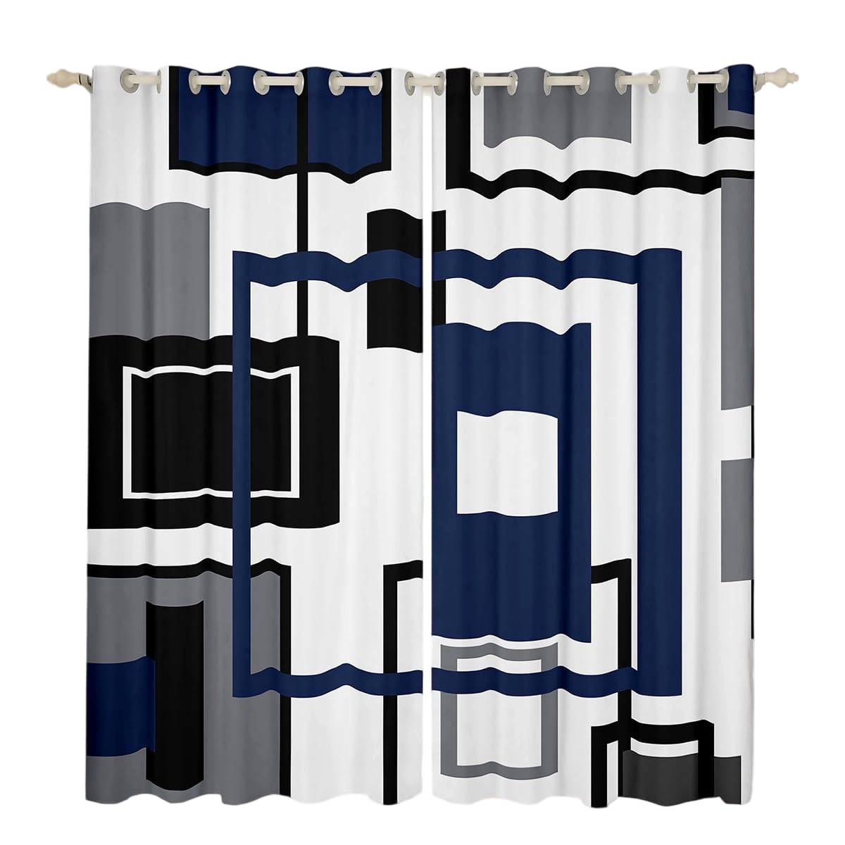 Homewish Navy Blue Square Window Curtains for Teen Boys Bedroom 46x54 Black White Grey Geometric Window Curtains Striped Blackout Curtains for Kids,Abstract Grids Window Treatments 2 Panels