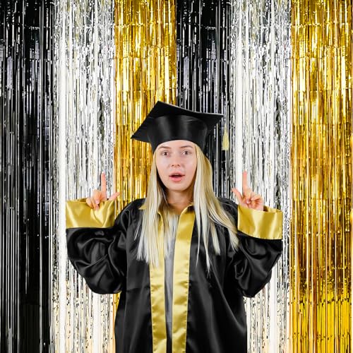 Image of Black Gold Silver Metallic Tinsel Foil Fringe Curtains, 2 Pack 3.3x6.6 ft Black and Gold Party Decorations, Tinsel Party Streamers Backdrop for Birthday Baby Shower Graduation New Year Decor