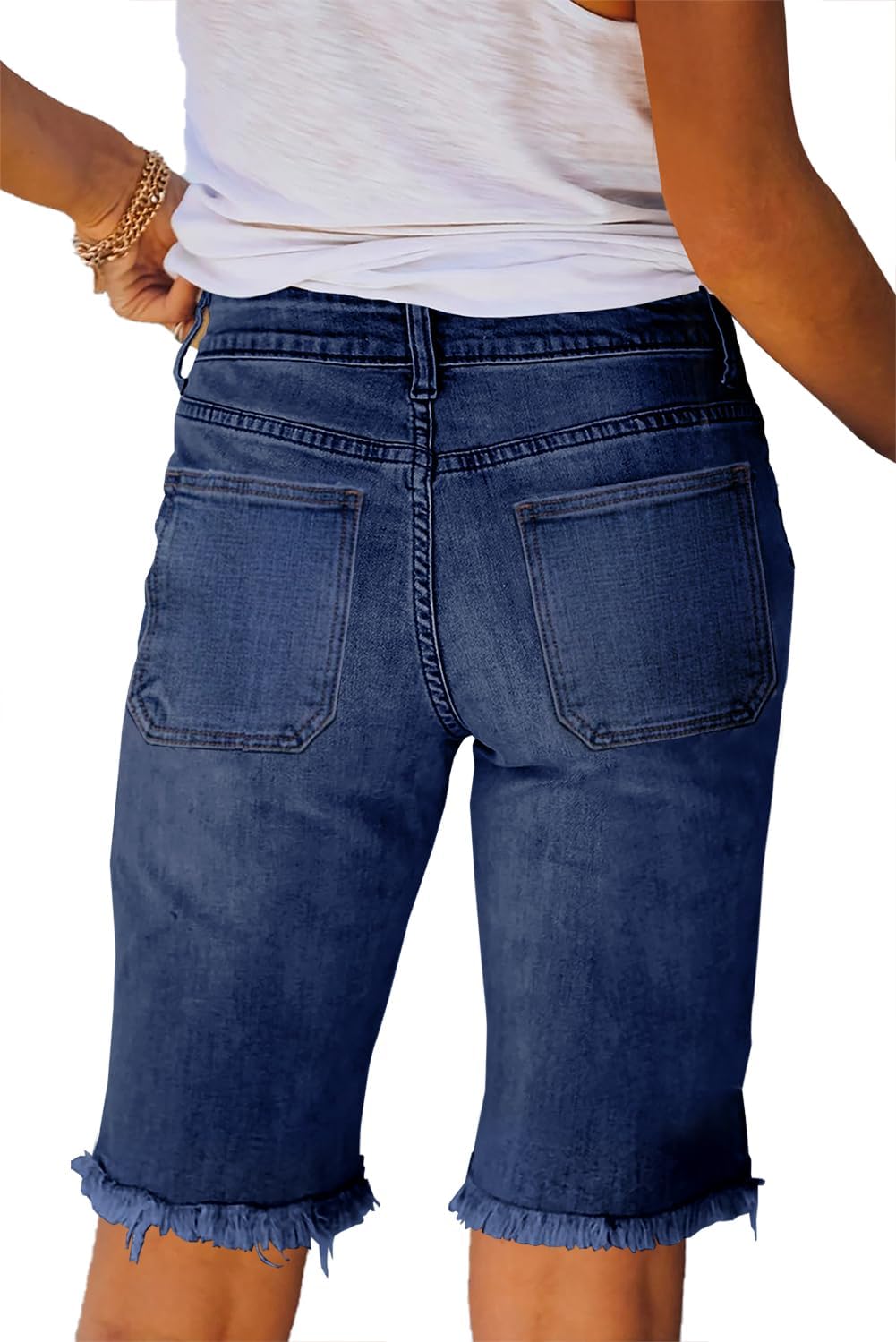Necooer Women Jean Shorts Frayed Raw Hem Casual Summer Mid Waist Stretchy Five Points Denim Shorts