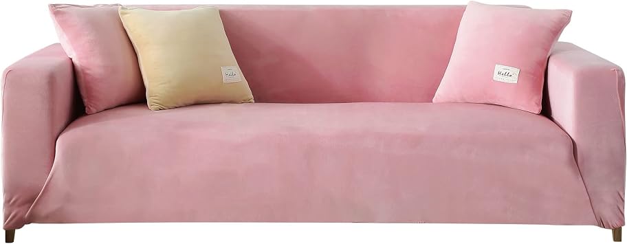 CONRUSER Stretch Sofa Slipcover, Soft Velvet Sofa Couch Covers with Elastic Bottom Furniture Protector for Pets & Kids Pink, Large
