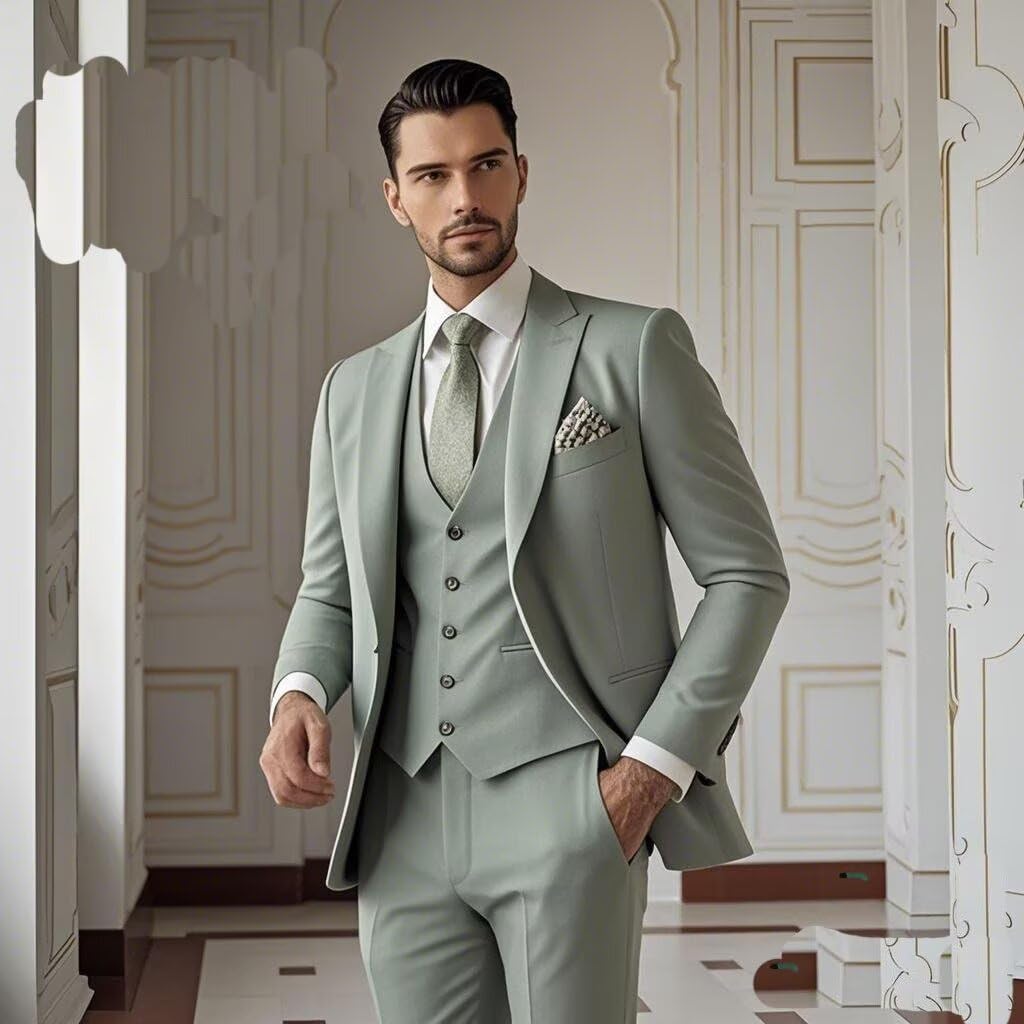Mens Suits 3 Piece Suit Slim Fit Suits for Men Wedding Groom Prom Suit Two Button Blazer Peak Lapel Vest Pant