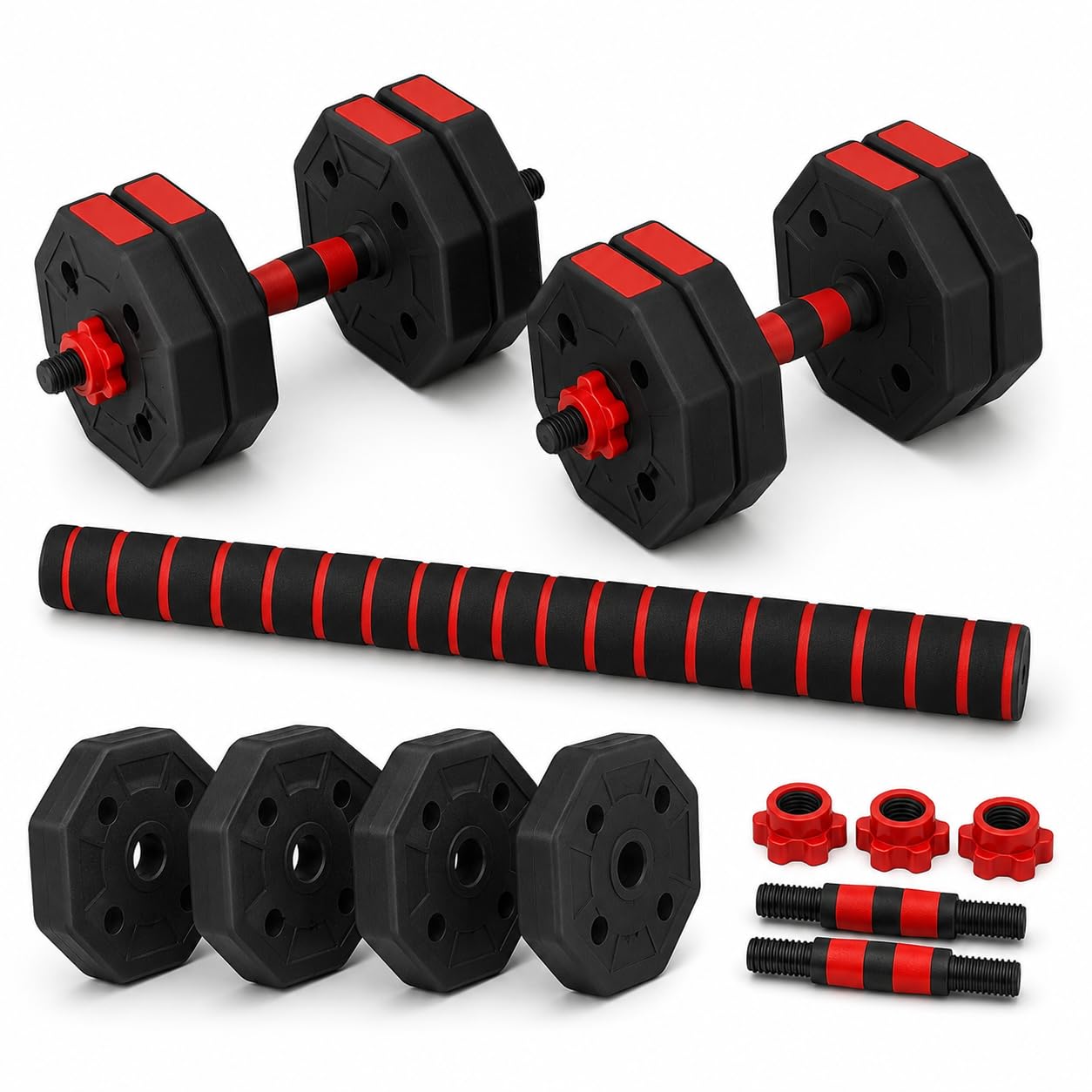 Adjustable Octagonal Dumbbells & Barbell Set – Home Gym Strength Training Weights with Anti-Roll Design Cement-Filled Plates Non-Slip Handles & Connecting Rod (40 KG (88 lb))
