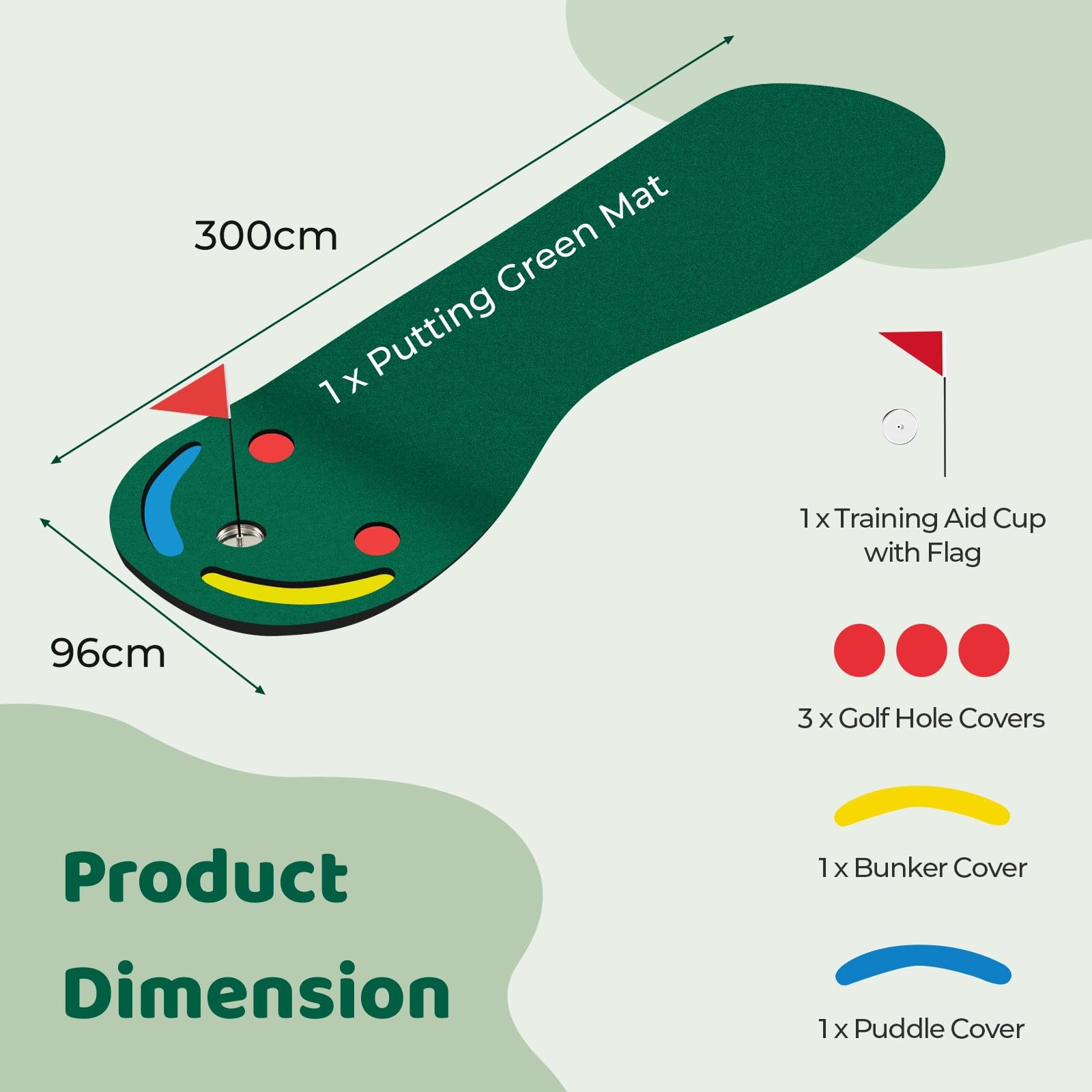 LIFEZEAL Golf Puttingmatte, Übungmatte Golfmatte mit 3 Löchern, Abschlagmatte Golf mit Bunte Fahne, 5 Abstandshältern für Bohrungen, Dicke Training Matte für Zuhause, Garten, Garage