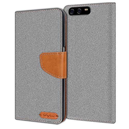 Verco für P10 Hülle, Schutzhülle für Huawei P10 Tasche Denim Textil Book Hülle Flip Hülle Klapphülle, Grau