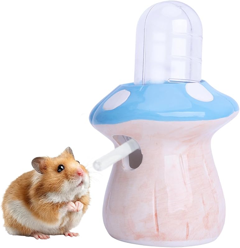 Garrafa de Água para Hamster PENCK com Suporte Cerâmico em Formato de Cogumelo, Bico de Aço Inoxidável, Azul, 60 mL