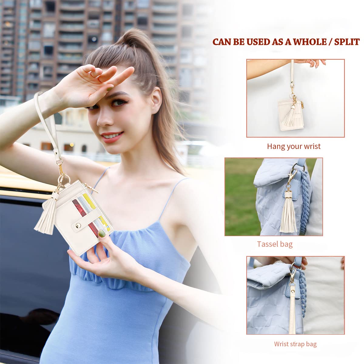 CHIWUTECH Wristlet Keychain Wallet, Leather Wrist Bracelet Strap Purse, Slim RFID Pocket Credit Card Holder with Lanyard (Card Holder, cream)