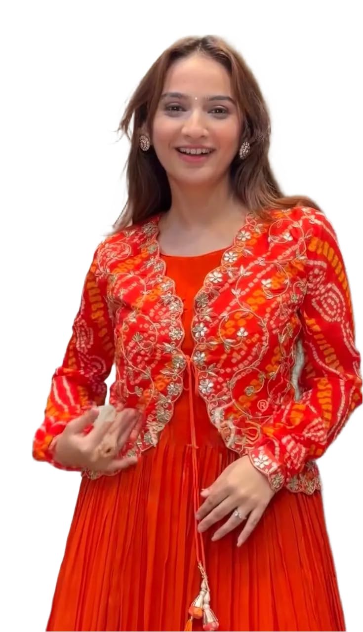 Women Fox Georgette Anarkali Gown Set with Bandhani Silk Koti and Dupatta | Sequins and Codding Work Ethnic Outfit | Fully Stitched-image-19
