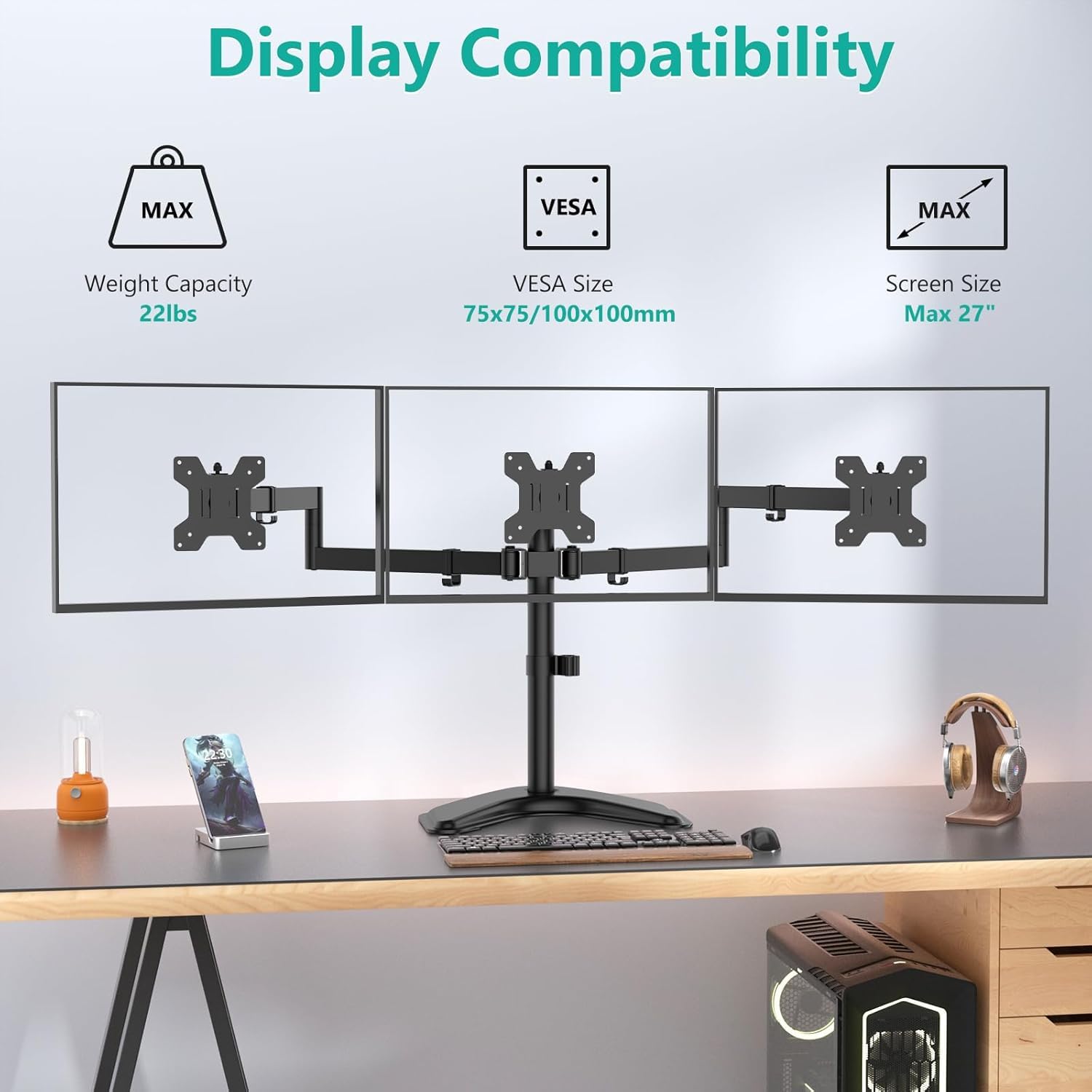 WALI Soporte Triple para Monitor de hasta 27 Pulgadas, Brazo articulado Independiente para Monitor Triple con inclinacin giratoria, Brazo Ajustable de 3 monitores soporta hasta 10 kg, VESA 75 y 100