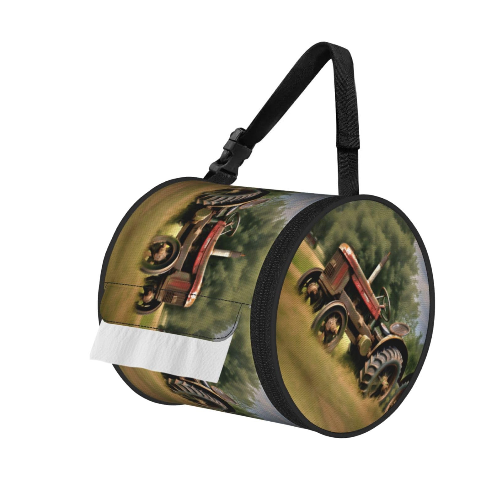 Jiuty Black Old Tractor Photoes Farm Print Cylinder Tissue Organizer Bag With Strap, Portable Toilet Roll Holder For Camping Car