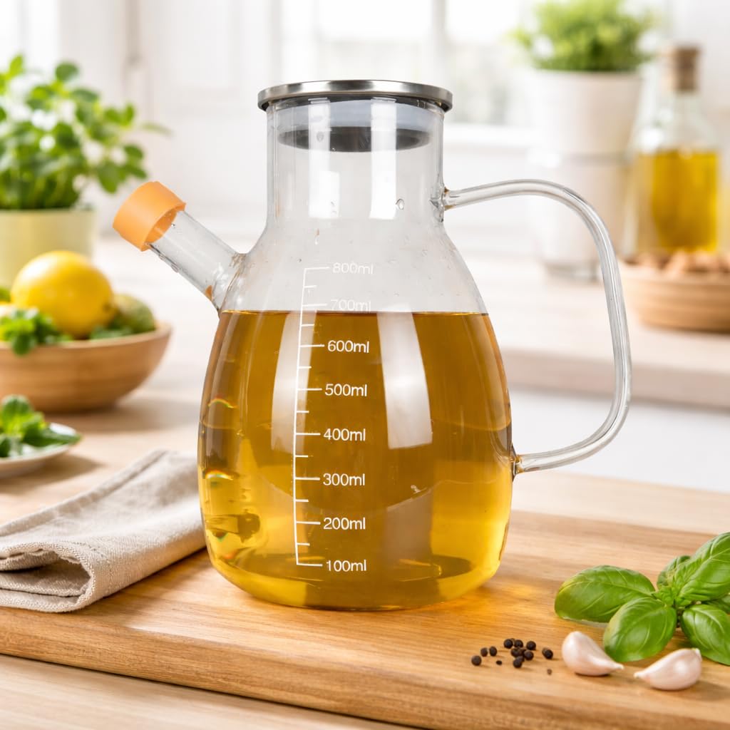 Eden & Willow 800Ml Glass Olive Oil Bottle, Vinegar Cruet Bottle With Non-Drip Spout – Kitchen Cooking Oil Dispenser Drizzler With Stainless Steel Lid And Handle (800Ml)