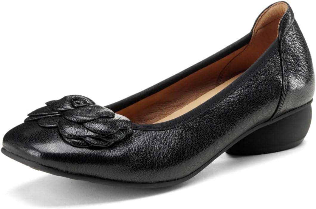 TinaCus Genuine Leather Handmade Flower Low Chunky Heels Women's Square Toe Pumps Shoes