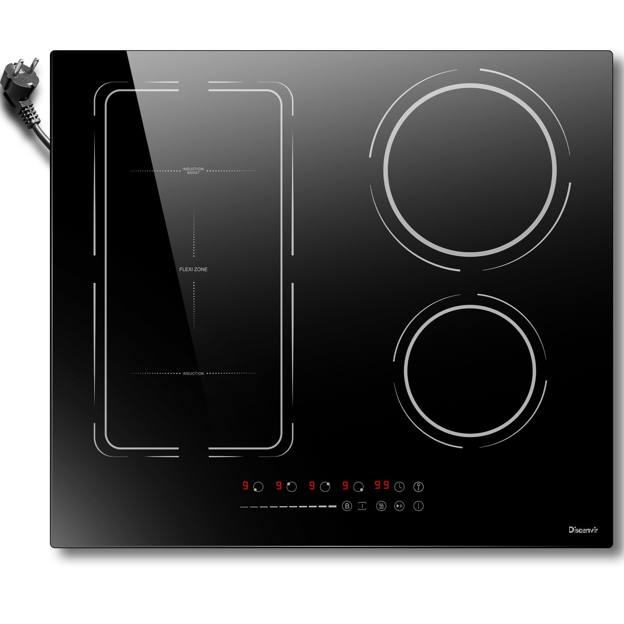 Placa Induccion 4 Fuegos Zona Flexible Disaenvir, Vitroceramica Induccion 60cm, Placa Inducción 9 Niveles, Función Boost-Aislamiento, temporizador, Bloqueo Para Niños, 220V~240V, 3500W, con Enchufe