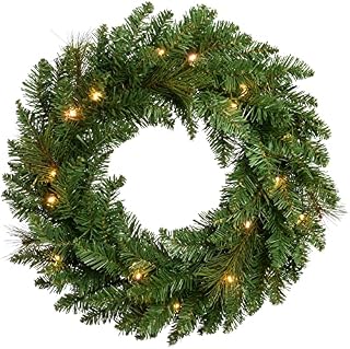 WeRChristmas Pre-Lit Wreath Christmas Decoration Illuminated with 20 Warm White LED Lights, 60 cm - Green