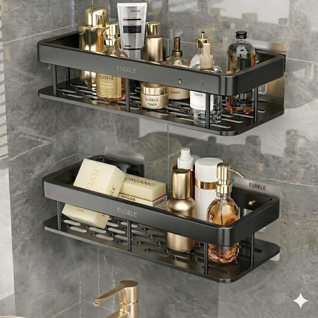 EUDELE Aluminium Pack of 2, Self Adhesive Bathroom Shelf for Wall Shelf Organizer Wall Mounted Bathroom Shelves Rack Holder Stand for Bathroom Accessories Organiser Without Drill Black-image-23