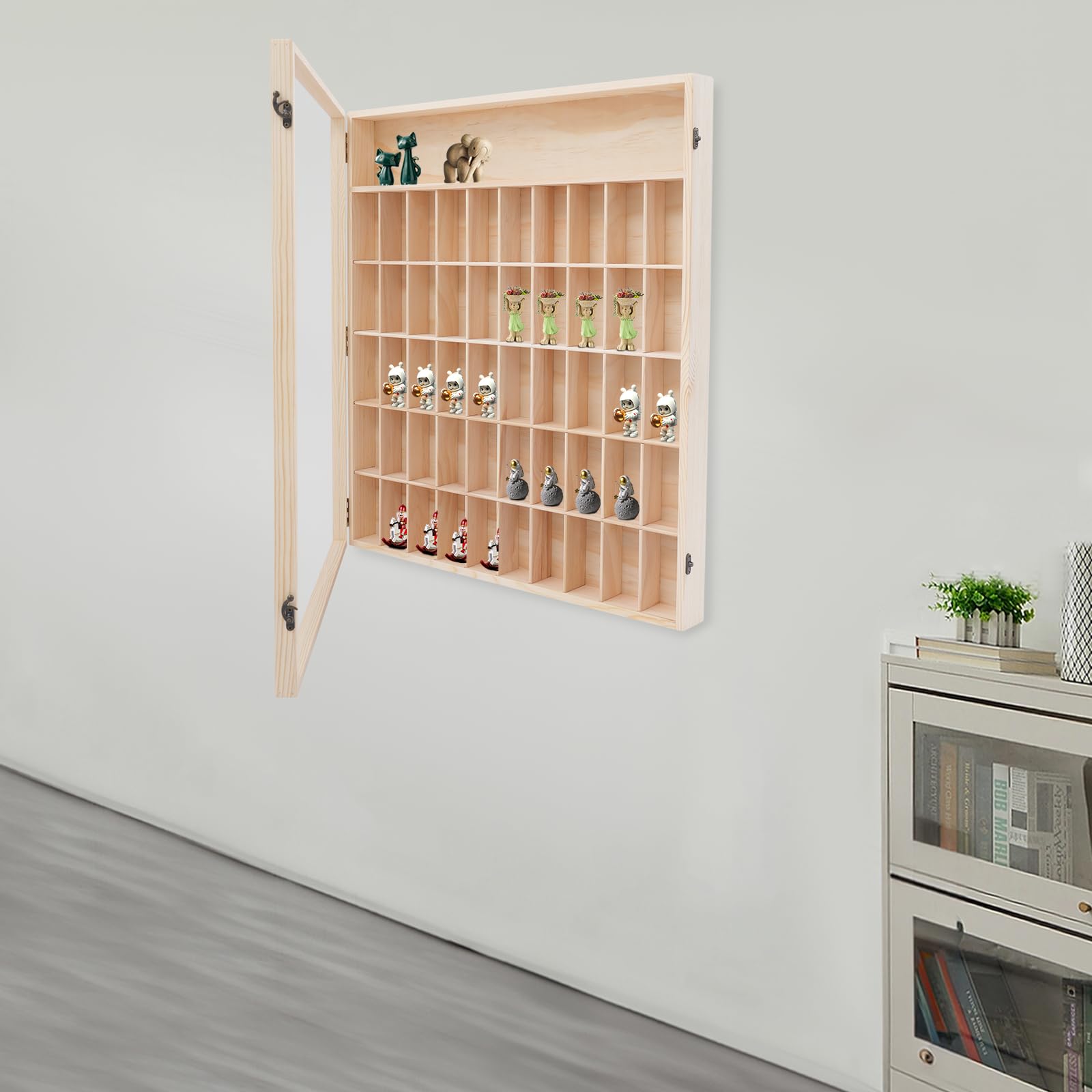 Vitrina de madera para minifiguras y figuras de acción, armario de vitrina montado en la pared con 50 compartimentos y puerta acrílica transparente, armario de colección a prueba de polvo para