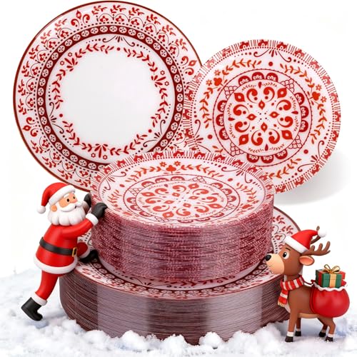 Hioasis 60pcs Red Plastic Plates Set - Floral Red & White Porcelain Design, 10.25 Hioasis 60pcs Red Plastic Plates Set - Floral Red & White Porcelain Design, 10.25