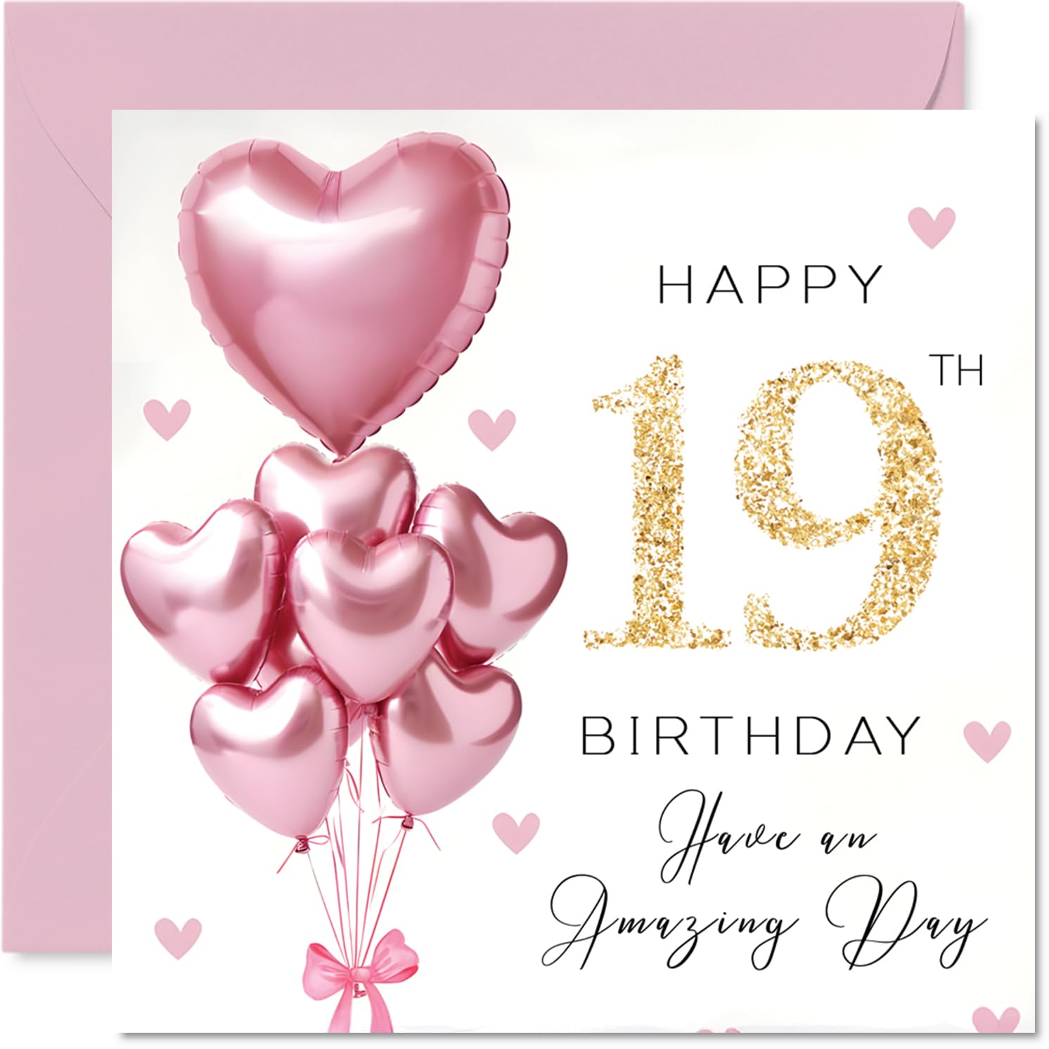 19th Birthday Cards for Women, Pink Glitter Balloons