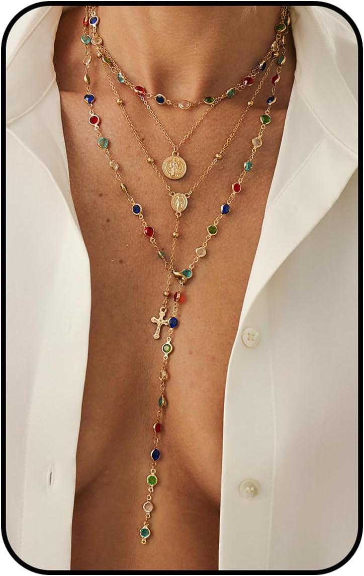 Silver Layered Cross Necklace Set For Women, 4Pcs Pearl Rosary Choker Chunky Christ...