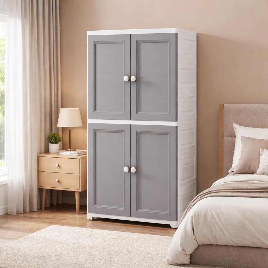 Mevigo 2-Door Plastic Wardrobe for Kids| Almirah and Wardrobe for Baby Clothes| Modular Storage Cabinet with Wheel Organizer for Cupboard Rack for Clothes/Shoes/Books/Toy- Grey-6529