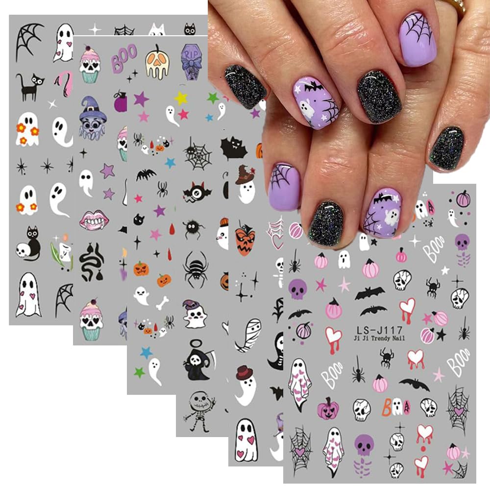 Halloween Nail Art Stickers Cute Ghost Pumpkins 3D Self-Adhesive Nail Decals Bat Skull Spider Web Designs Nail Stickers Halloween Nail Supplies Nail Art Design for Women Girls 6 Sheets