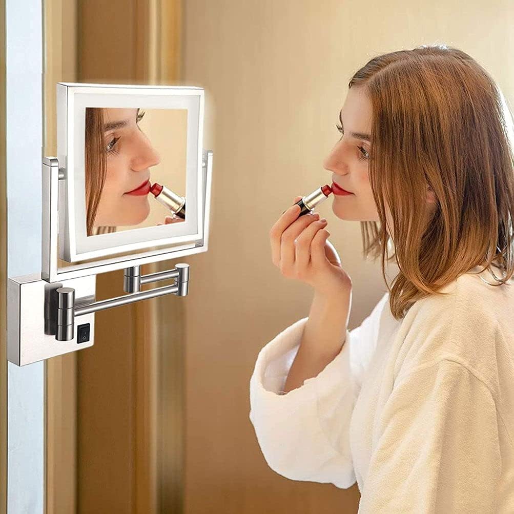 Wall Mounted Makeup Mirror with Lights and 3X Magnification, 8 in Double Sided Squares Vanity Mirror with Extendable Arm Bathroom Shaving Mirror for Bathroom Hotel,Silver_Plug