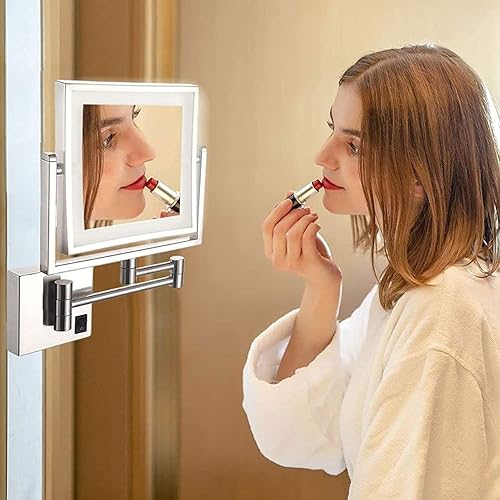 Miniatura 2 de Espejo de maquillaje montado en la pared con luces y aumento 3X, espejo de tocador de 8 pulgadas cuadrados de doble cara con brazo extensible,