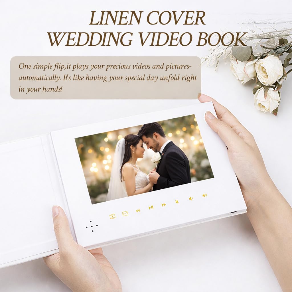 Our Wedding - Goldfolie | Luxuriöses Hochzeits-Videobuch aus Leinen, 17,8 cm (7 Zoll) IPS-Display, 4 GB Speicher, wiederaufladbarer Akku, bis zu 3 Stunden HD-Videospeicher, Hochzeitsandenken